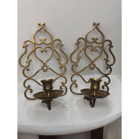 Pair Of Vintage Brass Wall-Mounted Candle Holders With Ornate Heart Designs - Picture 3 of 6